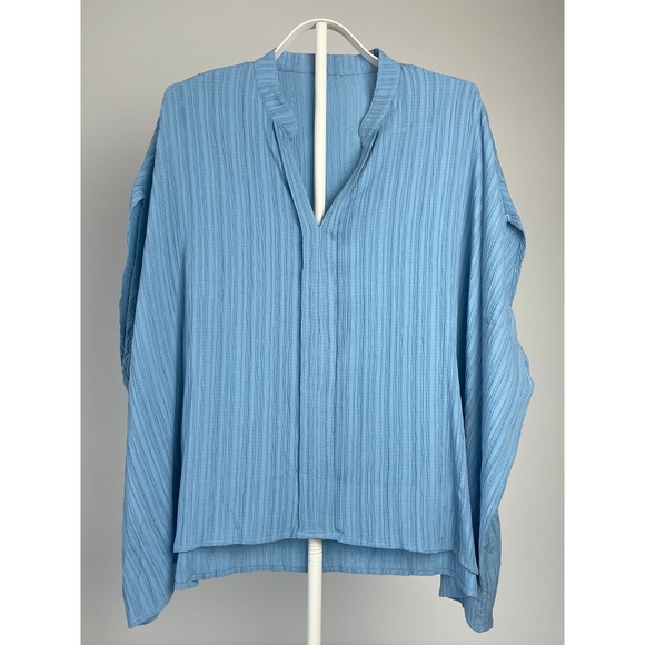 Unbranded Tops - Womens Blue Crinkle Gauze Oversized Split V-Neck Top Size Large Relaxed Fit